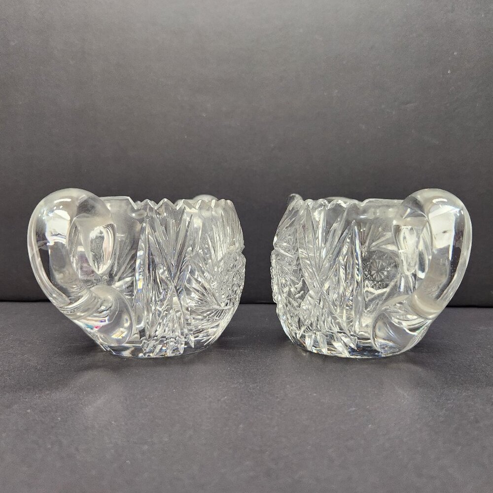 Heavy Cut Glass Creamer  & Sugar Bowl, Vintage Clear Brilliant Glass 2 piece set
